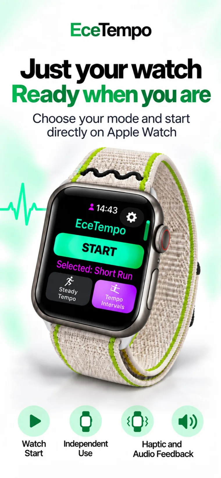 EceTempo home screen on Apple Watch: START button and target 136–176 BPM