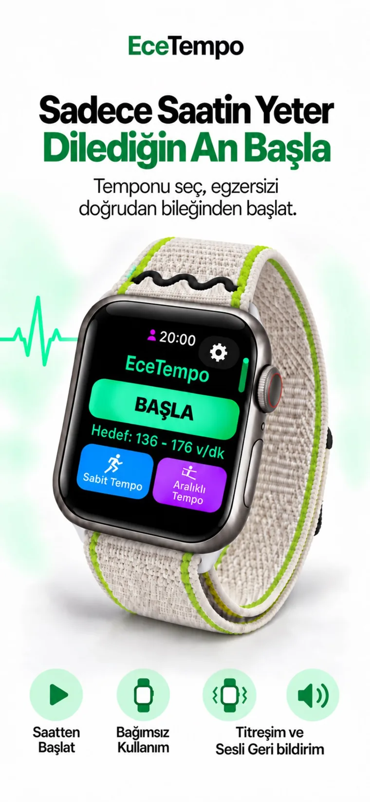 Apple Watch’ta EceTempo ana ekranı: BAŞLA düğmesi ve hedef 136–176 v/dk