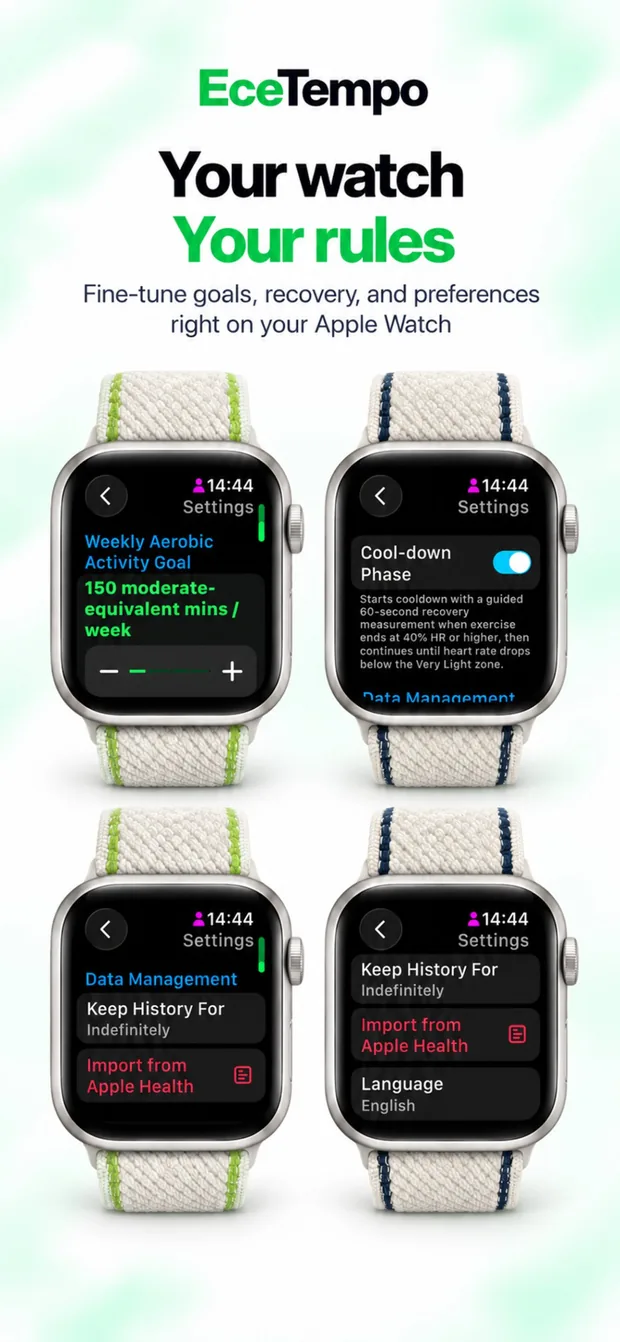 Apple Watch settings: weekly goal, cool-down phase, data management
