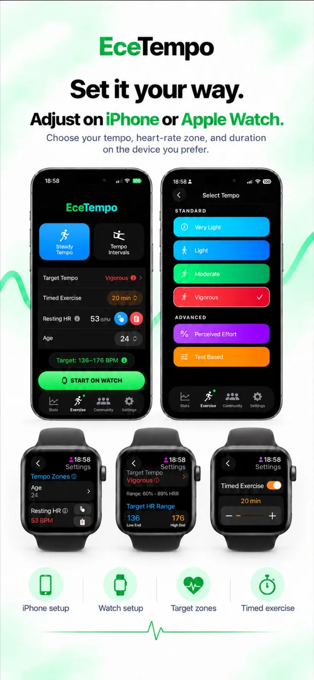 Tempo, duration and target zone settings on iPhone and Apple Watch