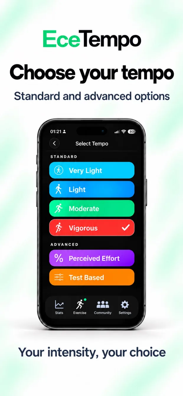 Tempo selection on iPhone: Very Light, Light, Moderate, Vigorous, Perceived Effort, Test-Based