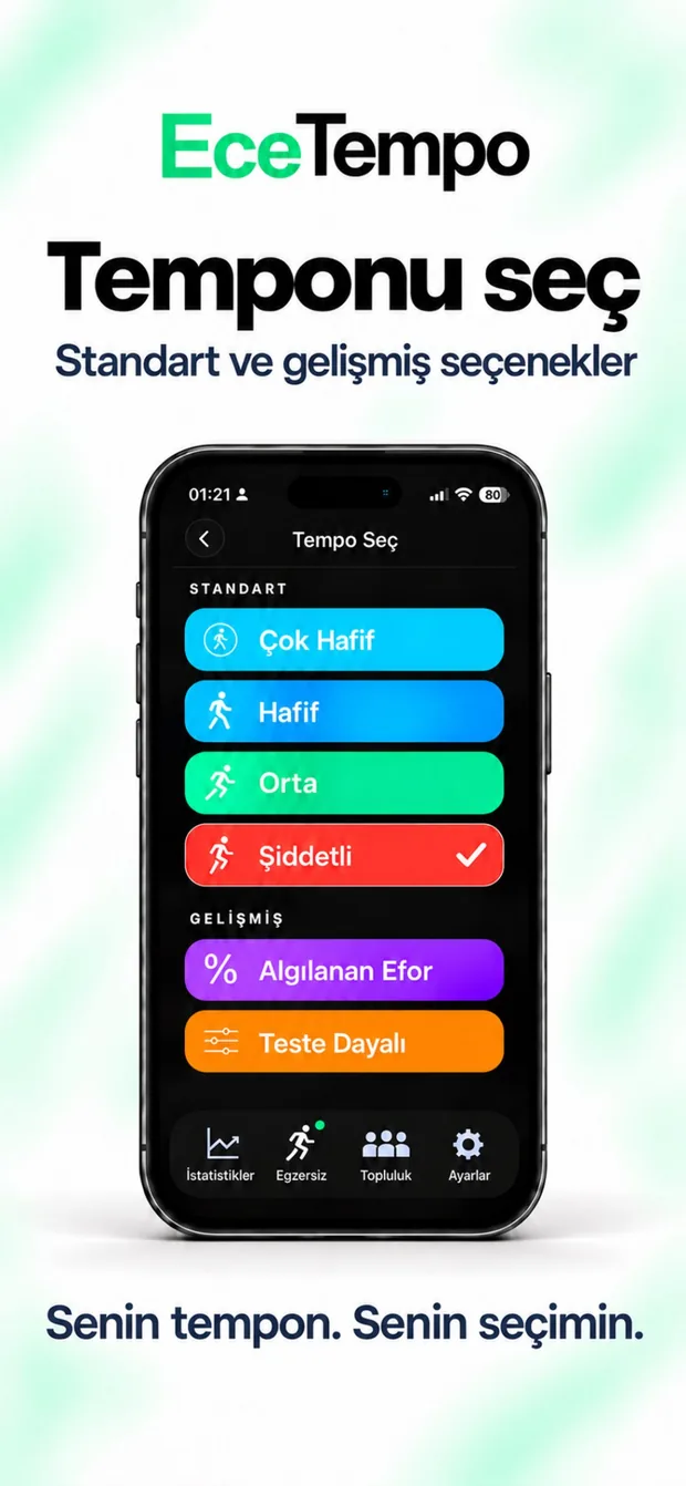 iPhone’da tempo seçimi: Çok Hafif, Hafif, Orta, Şiddetli, Algılanan Efor, Teste Dayalı