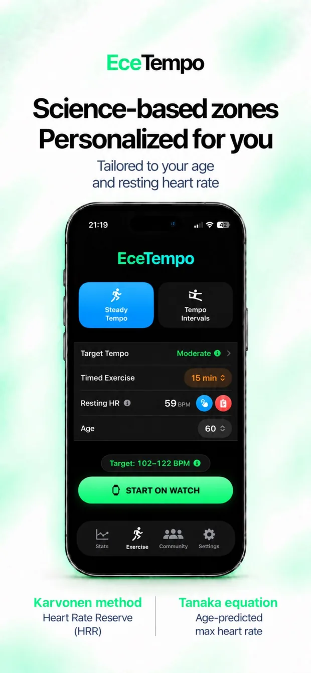 Steady Tempo settings on iPhone: age, resting heart rate and target range